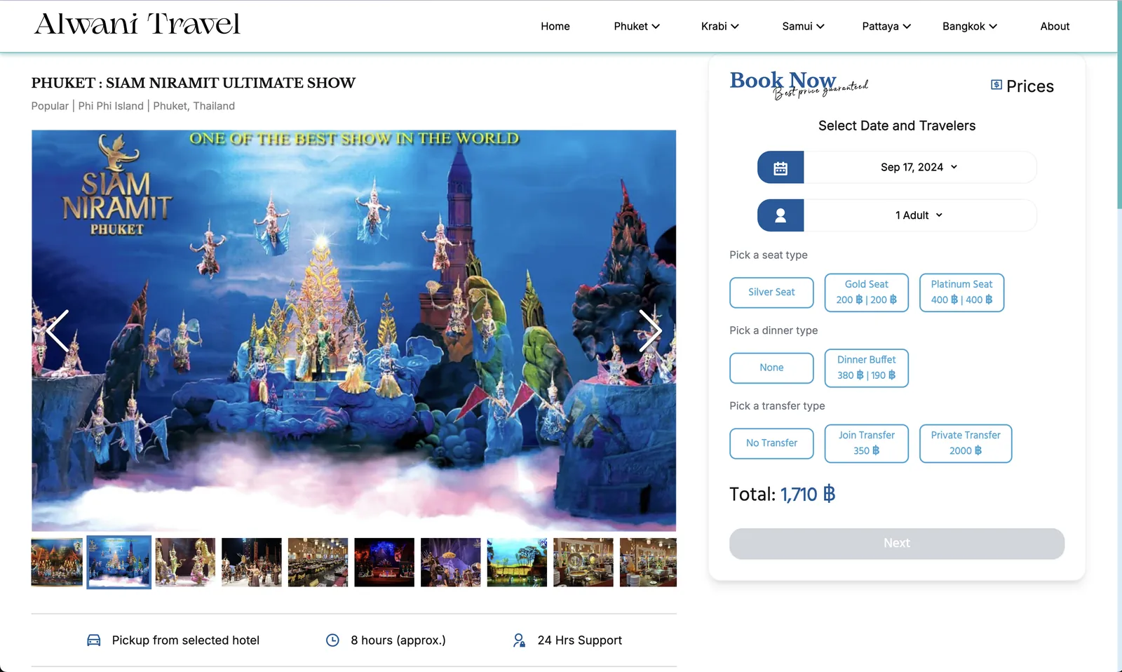 Alwani Travel tour page with booking panel